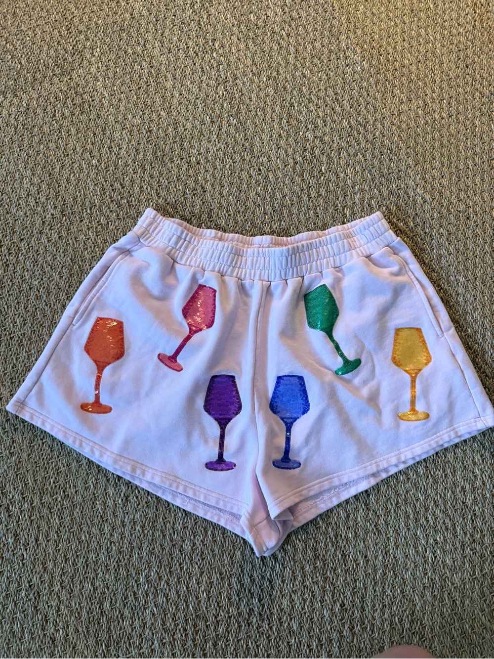 QUEEN OF SPARKLES Light Pink High-Waist Shorts w/Rainbow Sequin Wine Glasses - Picture 2 of 8